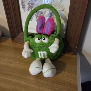 VTG 2004 Green M&M w/ Bunny Ears- Plush Mini Easter Basket  -  7" Sitting Height
